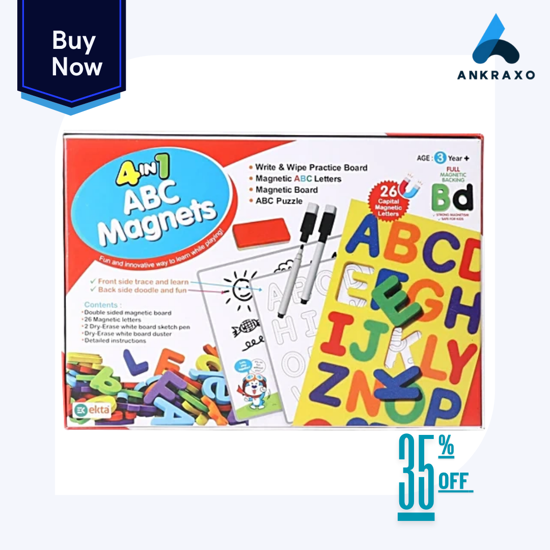 ANKRAXO 4-in-1 ABC Magnetic Letters for Kids Write & Wipe Board, Fridge Magnets & Puzzle Educational Toy for Toddlers 3+ 🍎✏️